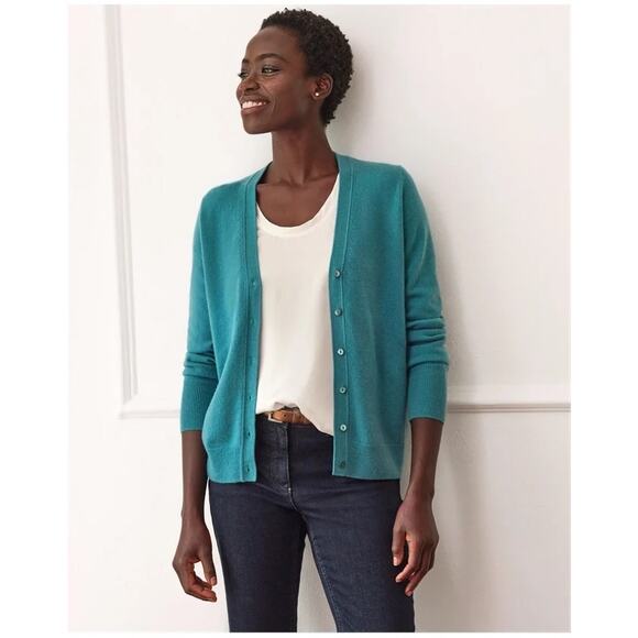 Pure Collection Cashmere Teal V Neck Cardigan Sweater - Picture 1 of 6